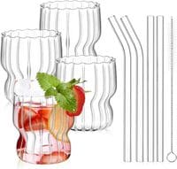 1CHASE Borosilicate Origami Style Ribbed Glassware Drinking Glass Cups With Straws 300ml (Set Of 4) Ribbed Glass Mason Jar Vintage Fluted Glassware