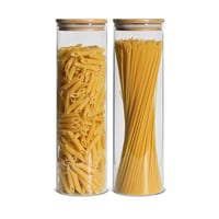 1CHASE&reg;️ Borosilicate Glass Storage Jar With Airtight Bamboo Lid, Clear Glass Container, Pantry Organizer For Spaghetti, Pasta, Noodles, Coffee, Tea, Sugar, Set of 2, 2200ML