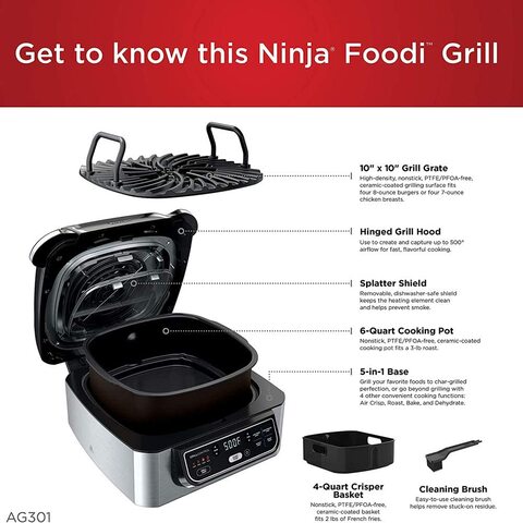 Nutri Ninja Foodi Ag 301 5 In 1 Indoor Electric Countertop Grill With 4 Quart Air Fryer, Roast, Bake, Dehydrate, And Cyclonic Grilling Technology, 1760 Watts, Silver