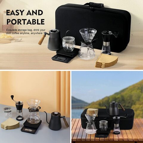 SKY-TOUCH Coffee Gift Set All in 1 Coffee Accessories Tools 7 Pcs with Portable Carry Case Stainless Gooseneck Kettle with Thermometer