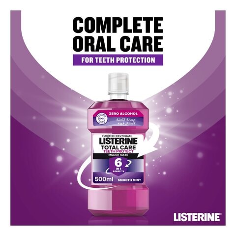 Listerine Total Care Teeth Protect 6 Benefit Fluoride Daily Mouthwash Milder Taste Smooth Mint 500ml