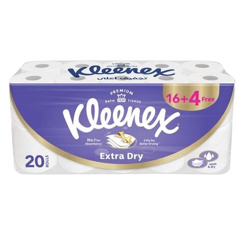 Buy Kleenex Extra Dry Toilet Tissue Paper, 3 PLY, 20 Rolls x 160 Sheets, Embossed Bathroom Tissue with Superior Absorbency in Saudi Arabia