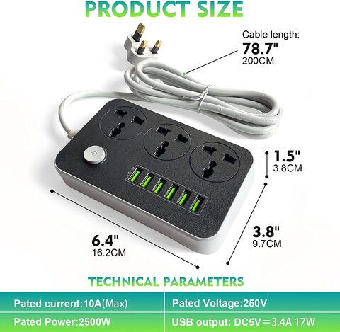Sky-Touch 3 Outlet Power Strips 6 Surge Protection USB Ports Power Outlet Switch Portable Charger With 200cm Power Extension Cord