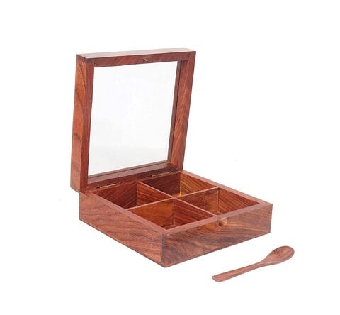 Star Cook India Craft Wooden Storage Spice Box/masala Box/mukhvas Mouth Freshener Box/serveware Jar With Glass on Top &amp; 1 Spoon, 6x6x2 Inch, Brown