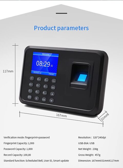 Employee Biometric Attendance Machine With LCD Screen Black (Fingerprint recognition)