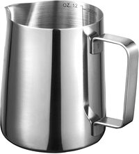 SKY-TOUCH Stainless Steel 350ml Milk Frothing Pitcher Measurements on Both Sides Inside Plus eBook &amp; Microfiber Cloth Perfect for Espresso Machines Milk Frothers Latte Art, Silver