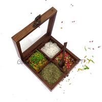 Star Cook India Craft Wooden Storage Spice Box/masala Box/mukhvas Mouth Freshener Box/serveware Jar With Glass on Top &amp; 1 Spoon, 6x6x2 Inch, Brown