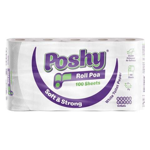 Poshy Roll Poa 100 Sheets Soft and Strong White Toilet Paper Rolls x 10 Rolls