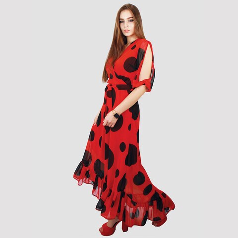 KIDWALA Size 42, Women&#39;S Wrap Long Polka Dots Print Ladies Red &amp; Black Dress, Lantern Sleeves, Bottom Ruffled Design, Belted Maxi Wrap Dress, Surplice Neckline Night Dress