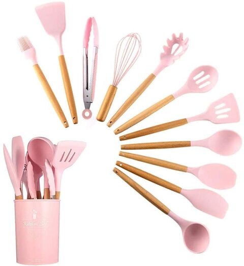 Cooking Utensil Sets,11 Pcs Silicone Kitchen Cooking Utensils Sets, Wooden  Handles Kitchen Gadgets Utensils Set for Nonstick Cookware, BPA free (Pink)