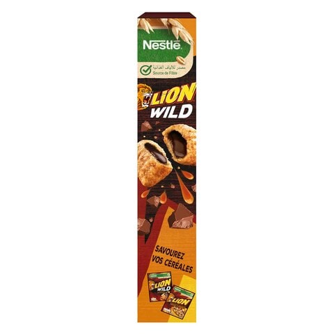 Lion Wild made with Whole Grain Cereal Pillows filled with Delicious Chocolate and Caramel Crea