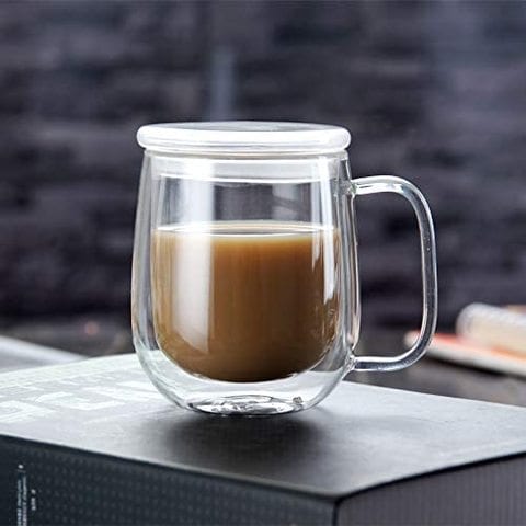 Lushh Double Wall Insulated Glass With Lid Heat Resistant Transparent Thermal Mug,  Coffee Cup Office Tea Cup With Handgrip 350ML