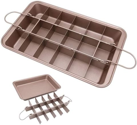 Generic Non Stick Brownie Pans With Dividers, Divided Brownie Baking Tray With Grips, For Oven Baking, Slice Solutions Cake Bakeware, Square Baking Pan With Built-In Slicer, 12 By 8 Inches, Champagne
