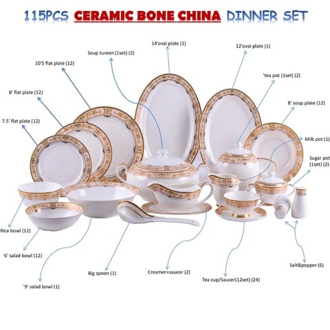 Xiangyu Dinner Set Porcelain Gold, 115Pcs Set, 10&#39;5 Flat Plate, (12), 8&#39; Soup Plate, (12) 8&#39; Flat Plate, (12), 7&#39;5 Flat Plate, (12) 6&#39; Salad Bowl, (12), &#39;Tea Pot (1Set), (2) Tea Cup, Saucer (12Set)