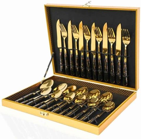 AtrauX Portable Utensils, Travel Camping Cutlery Set, Portable Case, Stainless Steel Flatware set,Gold top Black handle(24 Pieces)