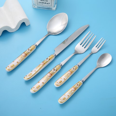 Lihan Ramadan Design 30-Piece Silverware Set Ceramic Handle, Flatware Utensil, For 6 Each Size, Stainless Steel Tableware Includes Knife, Spoons Big And Small And Forks Small And Big Set, White