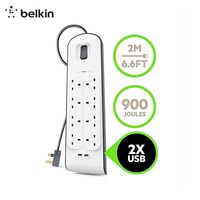 Belkin 8Port Power Extension Strip, 8 Way, 8 Plug Surge Protection Lead, 2Port 2.4A USB Charging Port (2m Cable).