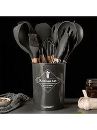 Atraux 12 Pcs Silicone Kitchen Utensils Set With Wooden Handle (Black)