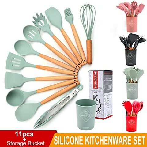 LIYING Cooking Utensils Set, 12 Pcs  Silicone Kitchen Tool Set Non-Stick Heat Resistant Silicone Cookwares with Holder &amp; Wooden Handle, Kitchen Gadgets Cookware and Spatula Utensil Set(BLACK)