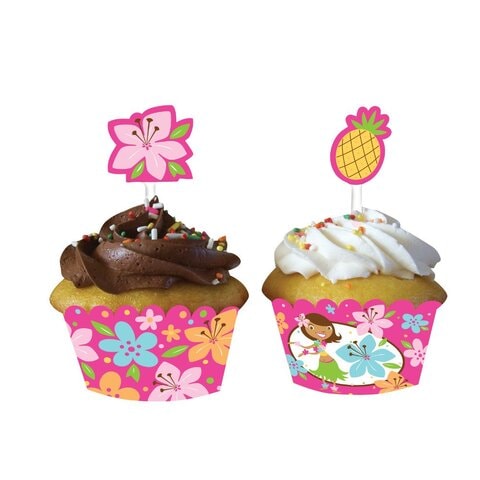 Pink Luau Fun Cupcake Wrappers W/ Picks