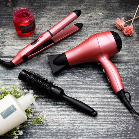 Hair dryer and outlet flat iron set