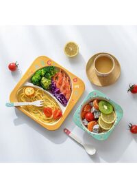 Eco-Friendly Bamboo Fiber 5pcs Dinnerware Set - Creative Cartoon Cutlery Set for Kids - Perfect Baby Feeding Solution, Pink Cat