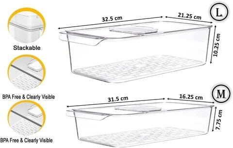 Medium Clear Plastic Stackable Refrigerator Bins, Food Storage Containers Box with Vented Lids and Removable Drain Tray, Organizers for Kitchen &amp; Pantry (2 Pcs)