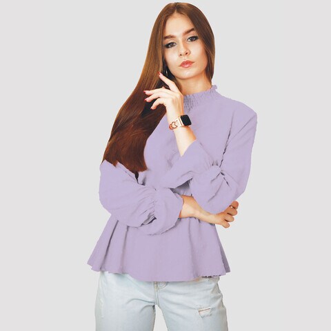 KIDWALA Size M,  Women&#39;S Tops, Tees &amp; Blouses Ruffled Turtleneck Lantern Sleeves Lavander Swiss Dot Blouse With Elastic Waistband &amp; Back Covered Button