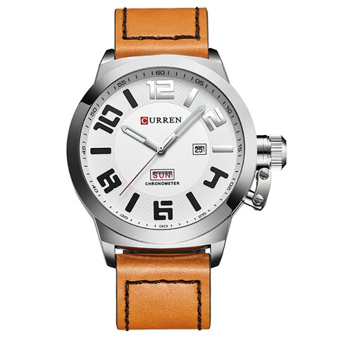 Curren - 8270 Analog Leather Strap with Day and Date Display Men Quartz Watch - White