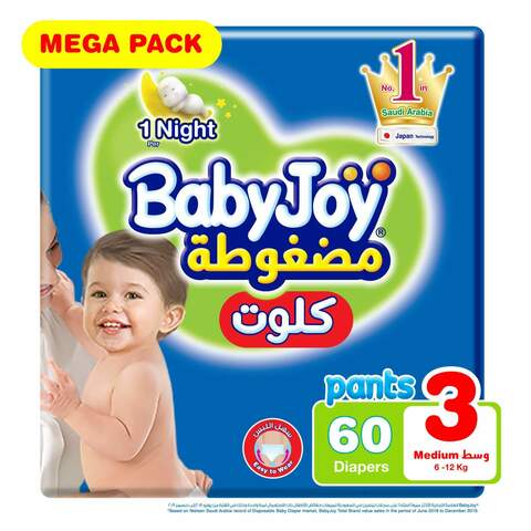 Buy Babyjoy Culotte Pants Diaper Size 3 Medium 6-12kg Mega Pack White 60 Diapers in UAE