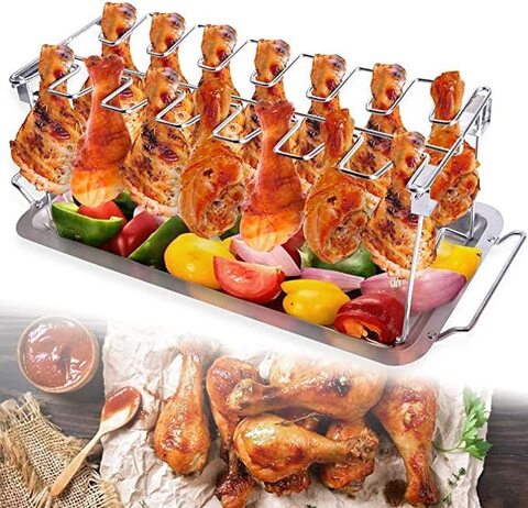 Roasted Chicken Rack Holder Bbq Beef Chicken Leg Wing Grill Rack With Drip  Pan Stainless Steel Drumstick Oven Roaster Stand