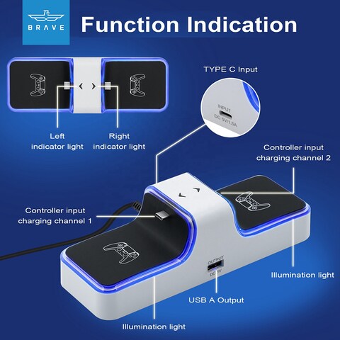Brave Dual Charger Dock With Blue Light For Ps5 Wireless Controller