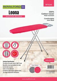 Royalford Leona Ironing Board RF11245 Iron Table With Adjustable Height Mechanism Heat Resistant Cotton Cover Monoblock Metal Base Non Slip Legs And Iron Rest 100X30 cm, Multicolor