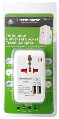 Terminator Brand Travel Adaptor with Universal &amp; 2RP Socket + 2 USB