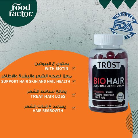 Buy Food Factor Trust bio-hair Biotin 2500 mcg adult formula hair gummies  for healthier, stronger hair strengthen the nails and enhance skin health  strawberry flavour 90 s Online - Shop Health &