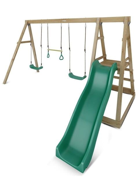 Wooden double swing hot sale and slide set