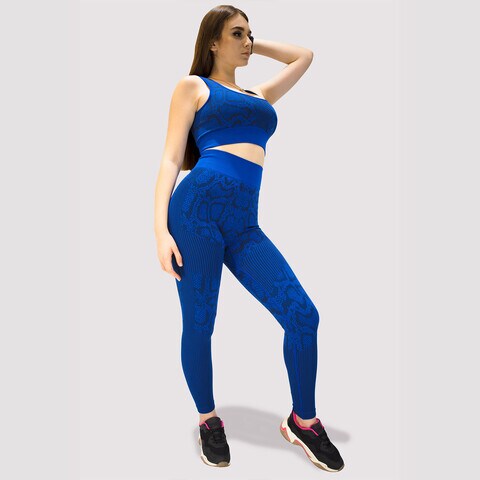 Kidwala 2 Pieces Leopard Set - High Waisted Leggings with Padded Sports Round neck Bra Workout  Gym Yoga Snack Print Outfit for Women (Large, Blue)