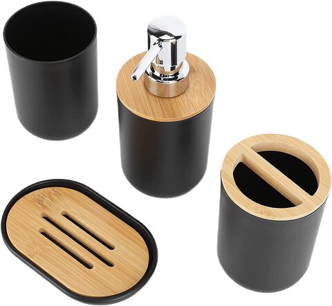 4 Piece Plastic Bamboo Bathroom Accessories Set Black