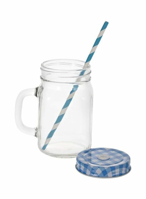 East Lady 12-Piece Mason Jar With Lid And Straw Set Clear/Blue/White 12 x 450ml