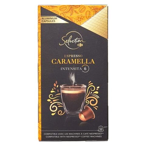 Café capsules Compatibles Nespresso espresso caramella intensité n° 6  CARREFOUR SELECTION : la boite de 10 capsules à Prix Carrefour