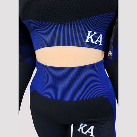Kidwala Flux Set With Jacket - High Waisted Butt Lift Shaping Legging with Sports Bra with Thumb Hole Front Zipper Crop Jacket Tracksuit Workout Gym Yoga Outfit for Women (Medium, Black &amp; Blue)