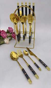 LIYING black marble Gold Cutlery Set  24-Piece Stainless Steel Gold Flatware Set with gold stand, Kitchen Utensils Knife Fork Spoon Flatware Set, Spoon, Knife, Fork, Mirror polish, Smooth Edge, Servic
