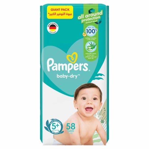 Buy Pampers Baby-Dry Diapers with Aloe Vera Lotion, Size 5+, 12-17Kg, 58 Diapers in Saudi Arabia