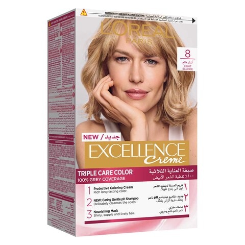Buy L'Oreal Paris Excellence Cream Triple Care Permanent Hair Colour 8  Light Blonde Online - Shop Beauty & Personal Care on Carrefour UAE