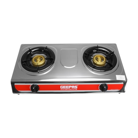 Geepas GK5605 2-Burner Gas Hob/Cooker, Attractive Design, Gas Range 2-Burner Stove Cooktop, Auto Ignition, Outdoor Grill, Camping Stoves| Stainless Steel Body, 2 Years Warranty