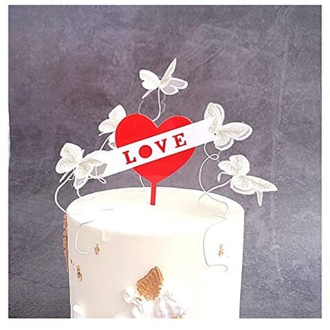 Generic Nc Diy Acrylic Butterfly Wedding Birthday Cake Topper (Red Heart, Ba0007)