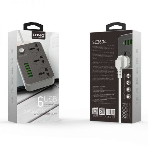 LDNIO SC3604 Socket extension, 6USB Ports 3.4A power, 3 Socket adaptors, 2 meters long cable, safety socket