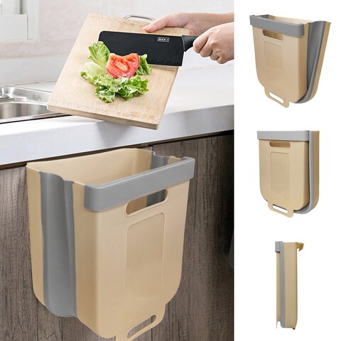 Aiwanto Trash Can Dust Bin Folding Trash Can for Kitchen Garbage Box Cabinet Door Small Garbage Can Plastic Bag Holder Hanging Waste Basket (Brown)