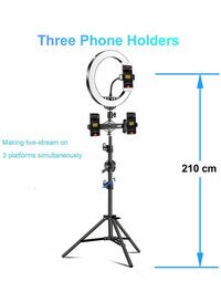 PULUZ 10 Inch Selfie Ring Light With Tripod Stand 210cm Equipped With 3 Cell Phone Holders Black