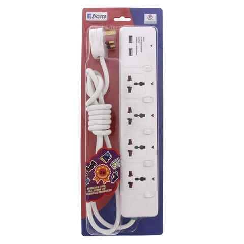 Sirocco 4-Way Power Extension Socket With USB Port White 2m